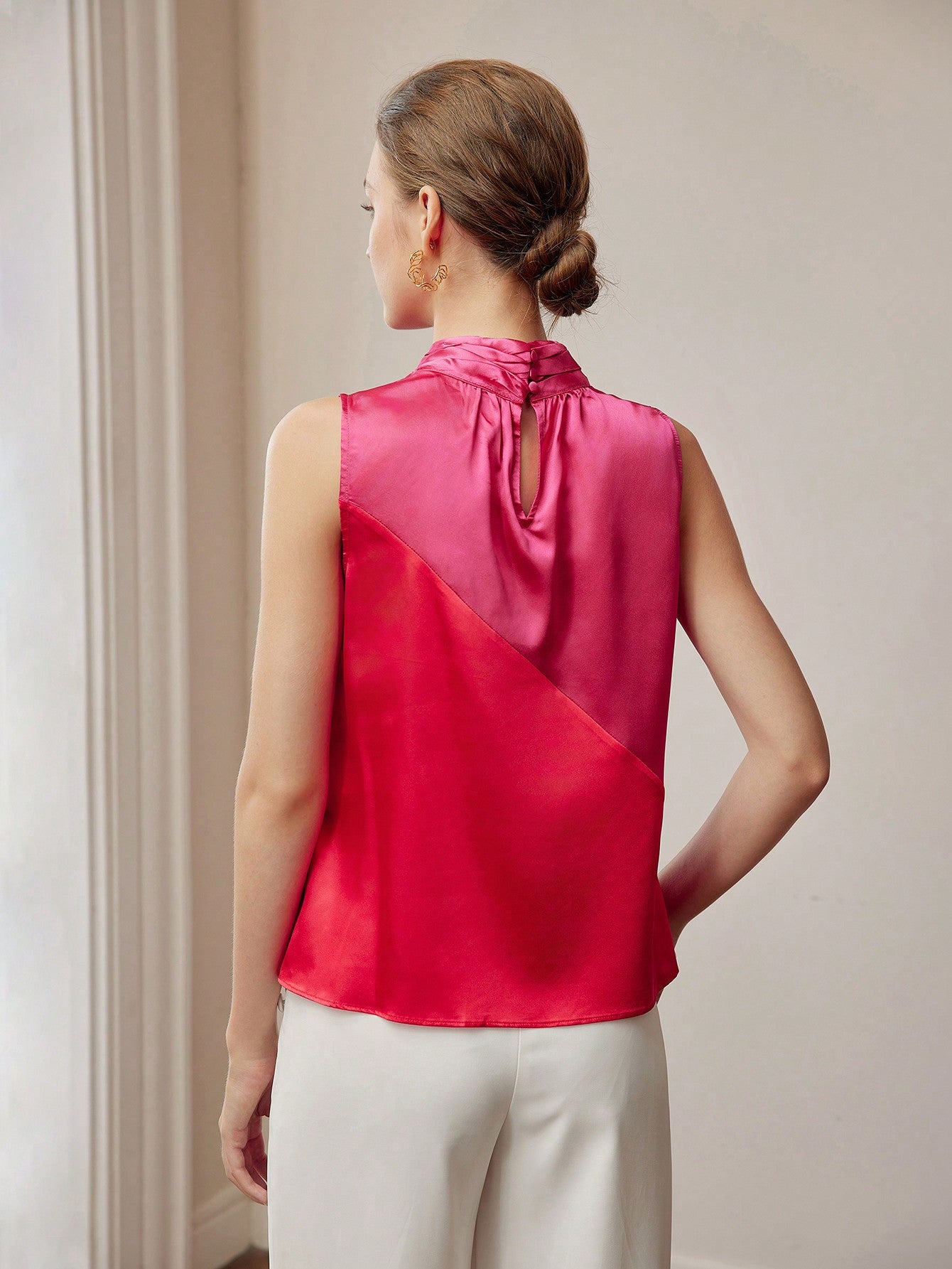 CM-TS297940 Women Elegant Seoul Style Two Tone Ruched Cowl Neckline Sleeveless Blouse - Burgundy