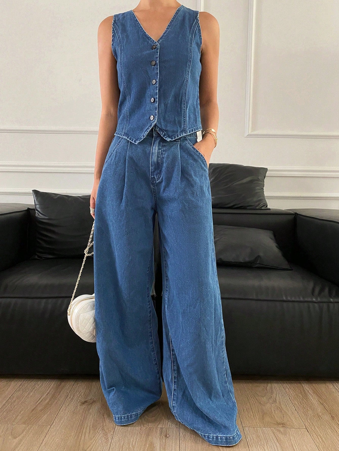 CM-SS947009 Women Casual Seoul Style V-Neck Sleeveless Button Denim Vest With Loose Fit Jeans - Set