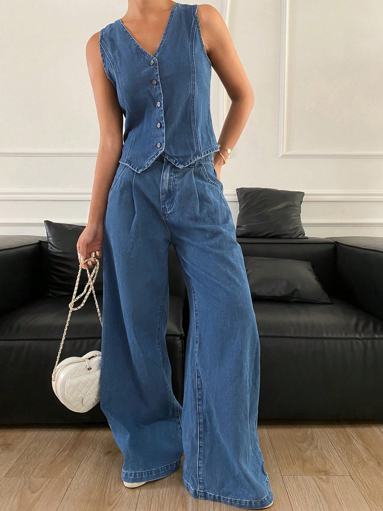 CM-SS947009 Women Casual Seoul Style V-Neck Sleeveless Button Denim Vest With Loose Fit Jeans - Set
