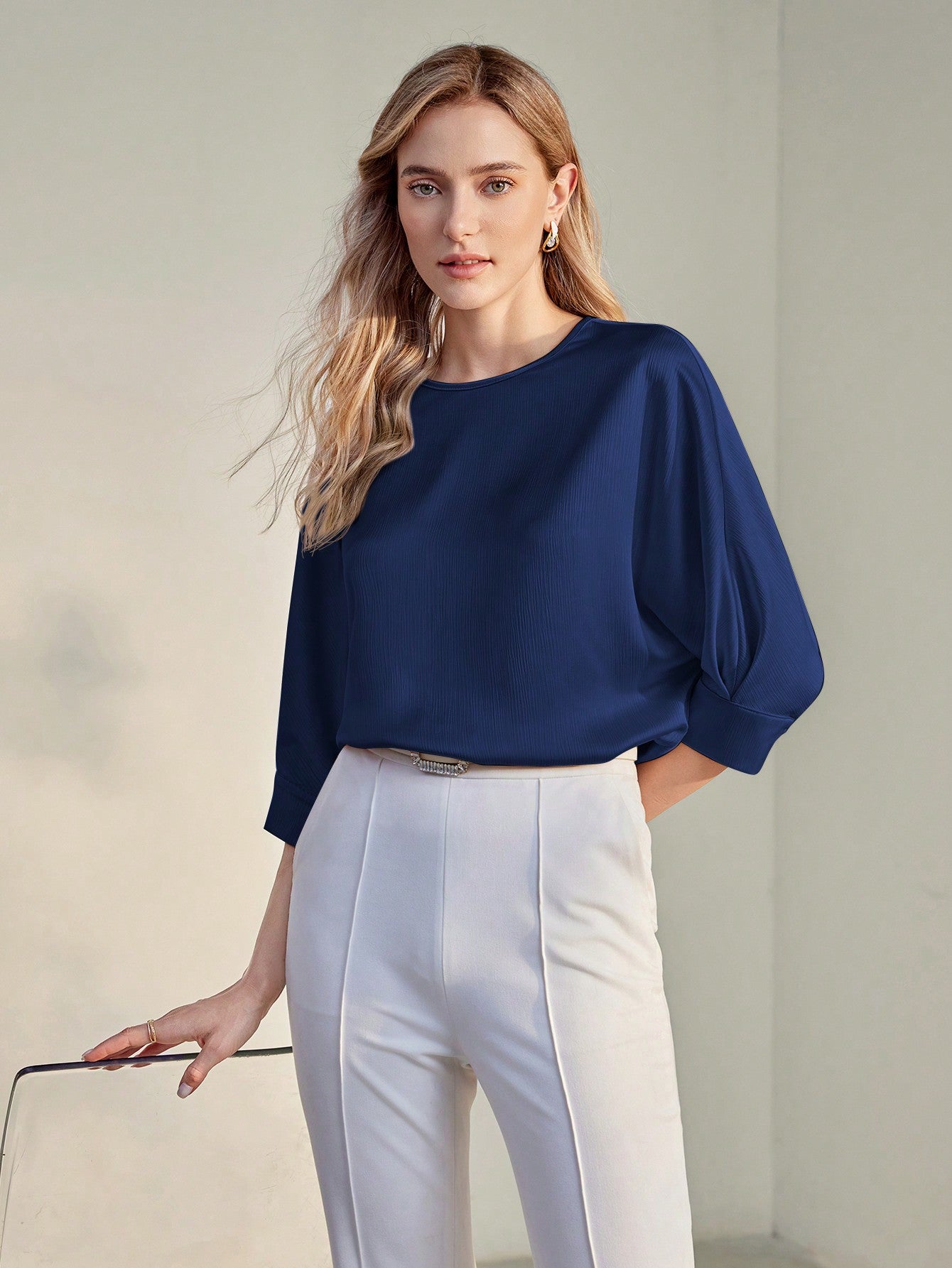 CM-TS800494 Women Casual Seoul Style Solid Keyhole Back Round Neck Half Sleeve Blouse - Blue