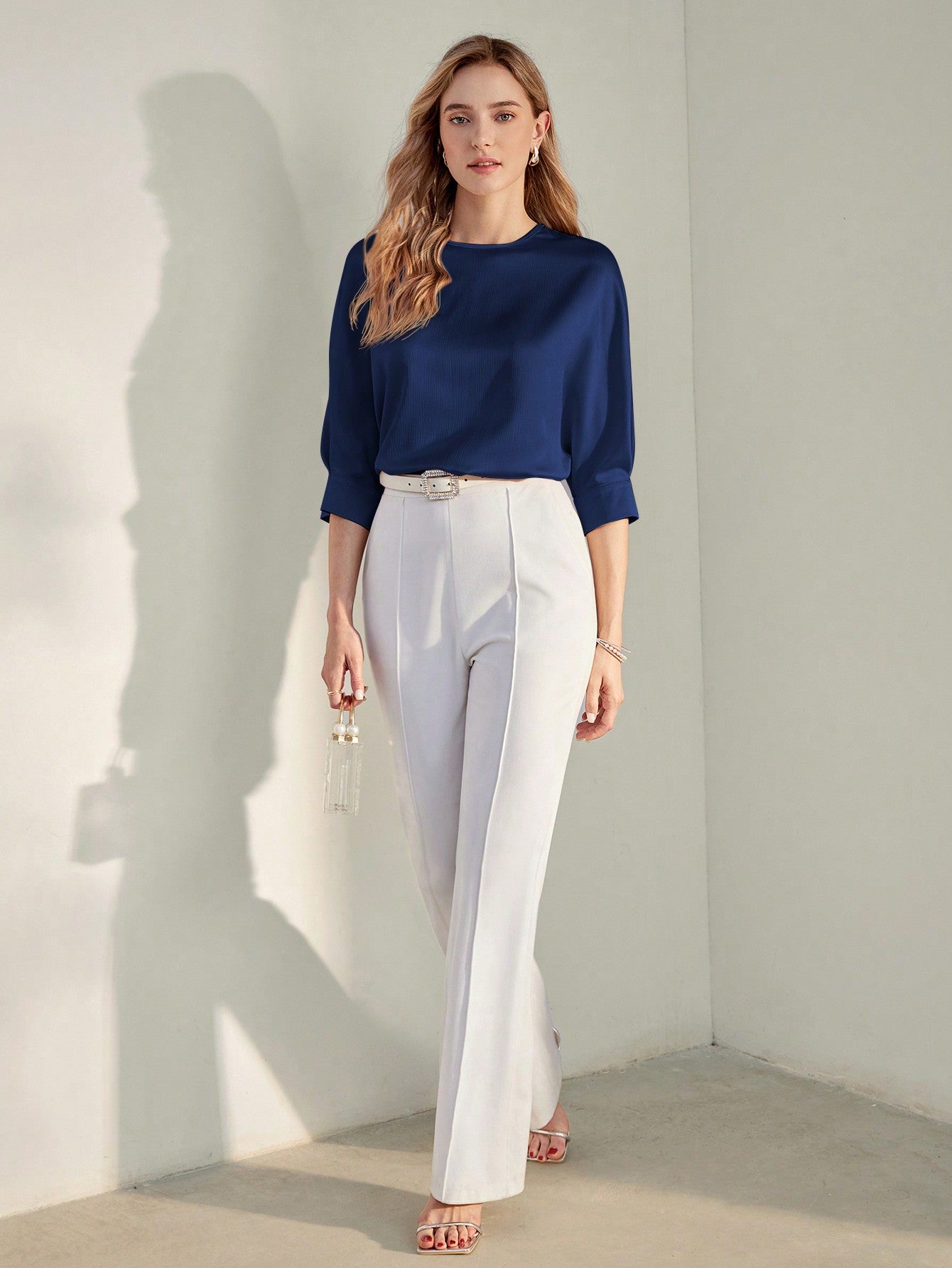 CM-TS800494 Women Casual Seoul Style Solid Keyhole Back Round Neck Half Sleeve Blouse - Blue