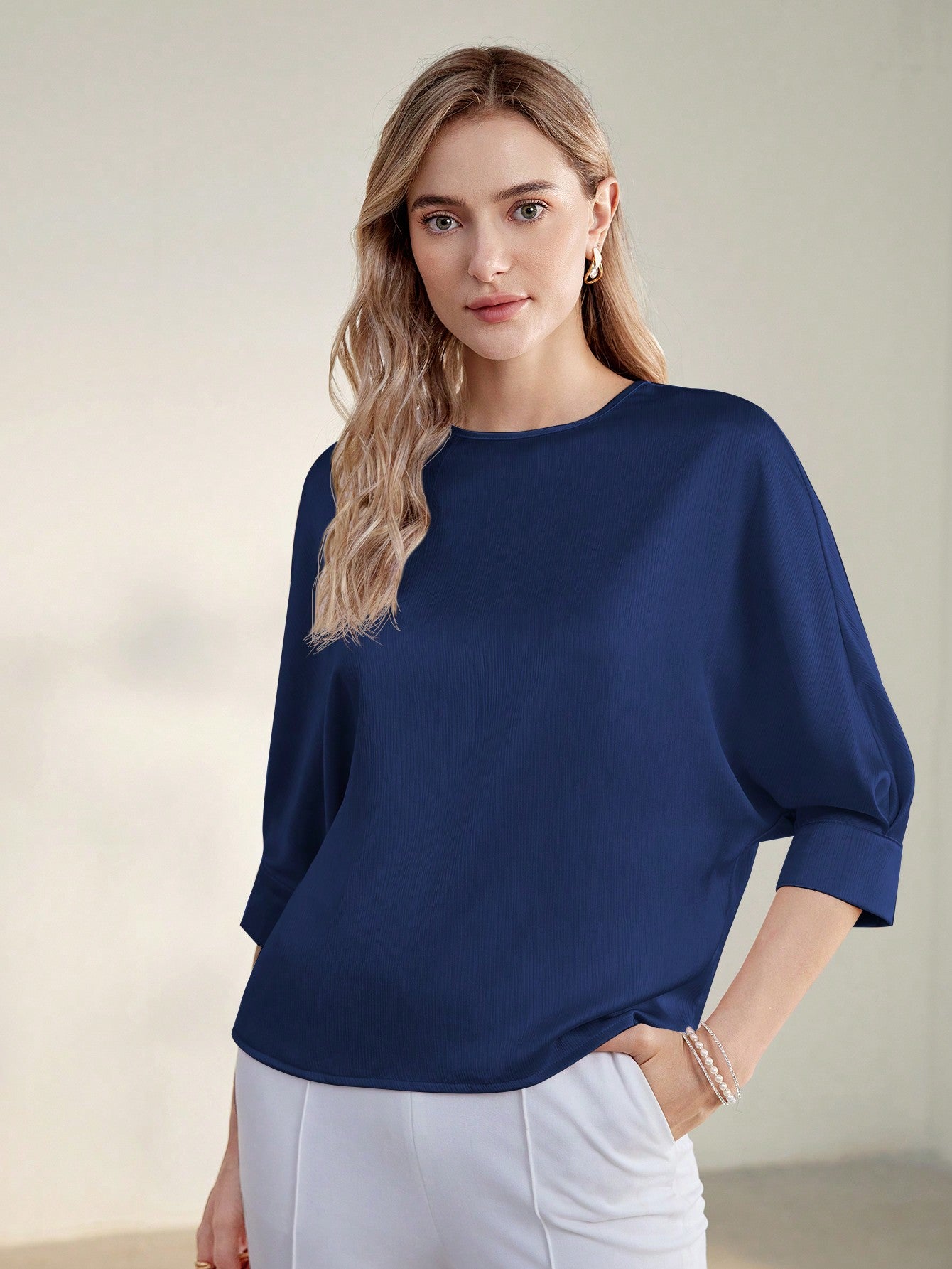 CM-TS800494 Women Casual Seoul Style Solid Keyhole Back Round Neck Half Sleeve Blouse - Blue