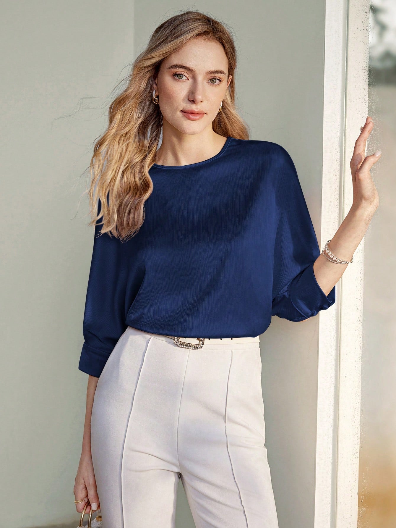CM-TS800494 Women Casual Seoul Style Solid Keyhole Back Round Neck Half Sleeve Blouse - Blue