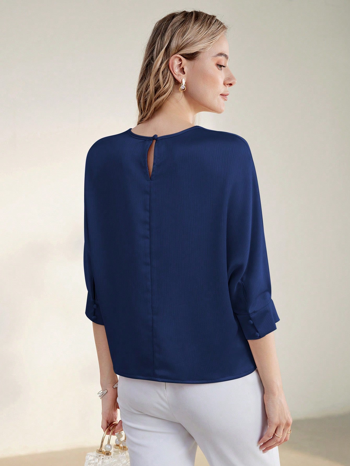 CM-TS800494 Women Casual Seoul Style Solid Keyhole Back Round Neck Half Sleeve Blouse - Blue