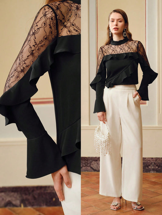 CM-TS983687 Women Elegant Seoul Style Frill Mock Neck Lace Yoke Ruffle Trim Long Sleeve Blouse - Black