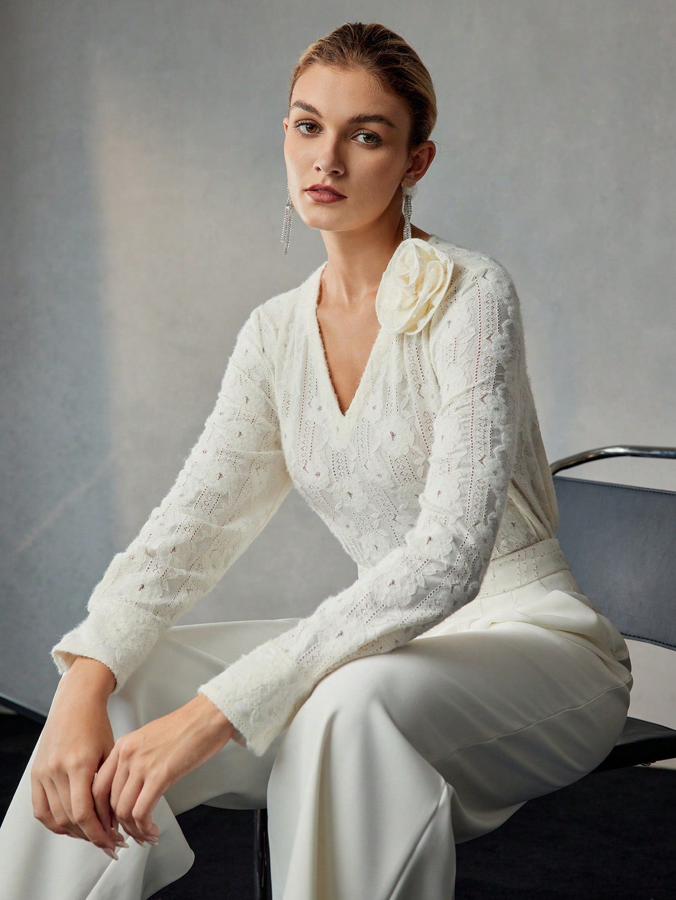 CM-TS753549 Women Elegant Seoul Style V-Neck Stereo Floral Detail Textured Long Sleeve Blouse - Apricot