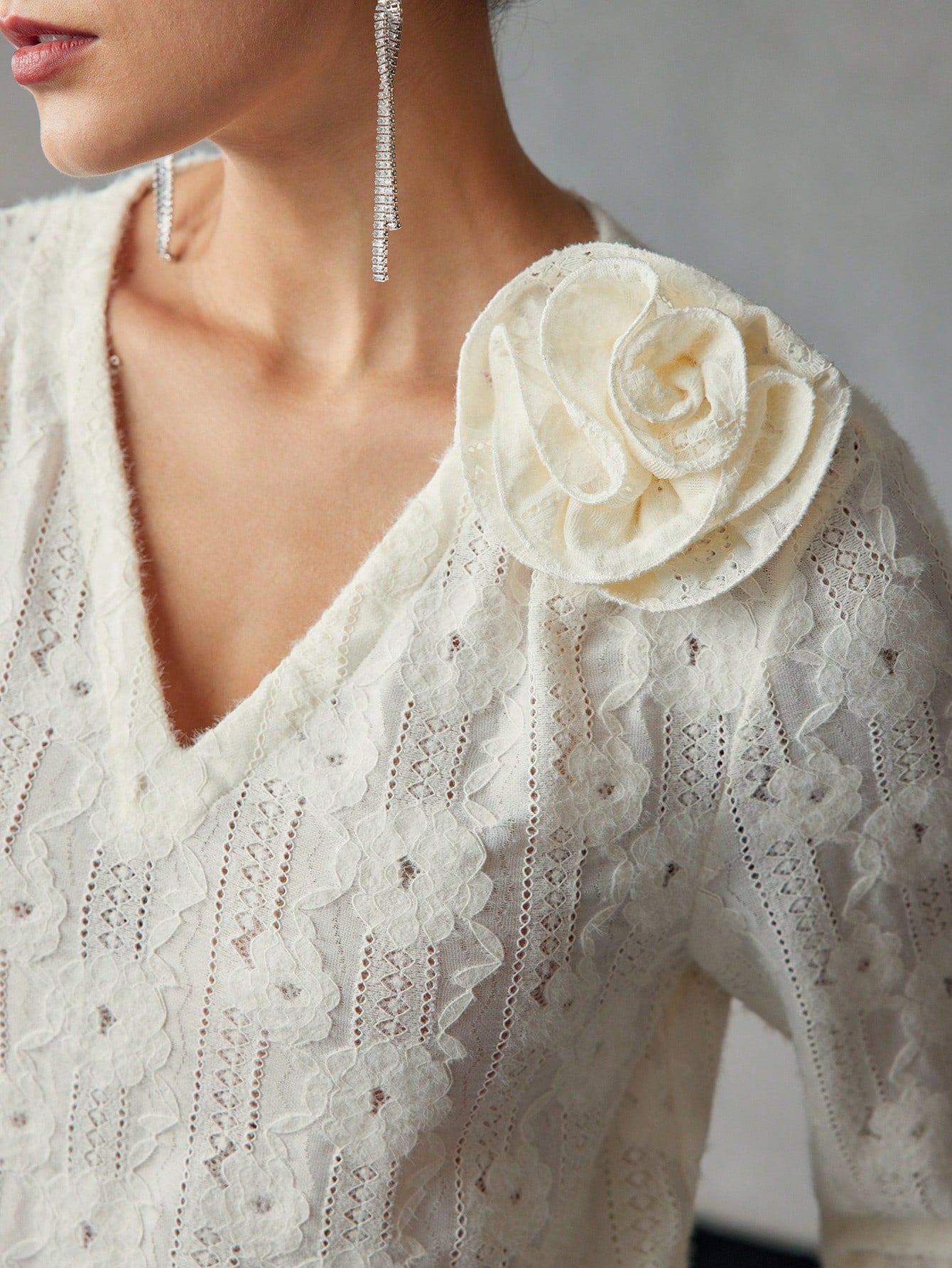 CM-TS753549 Women Elegant Seoul Style V-Neck Stereo Floral Detail Textured Long Sleeve Blouse - Apricot