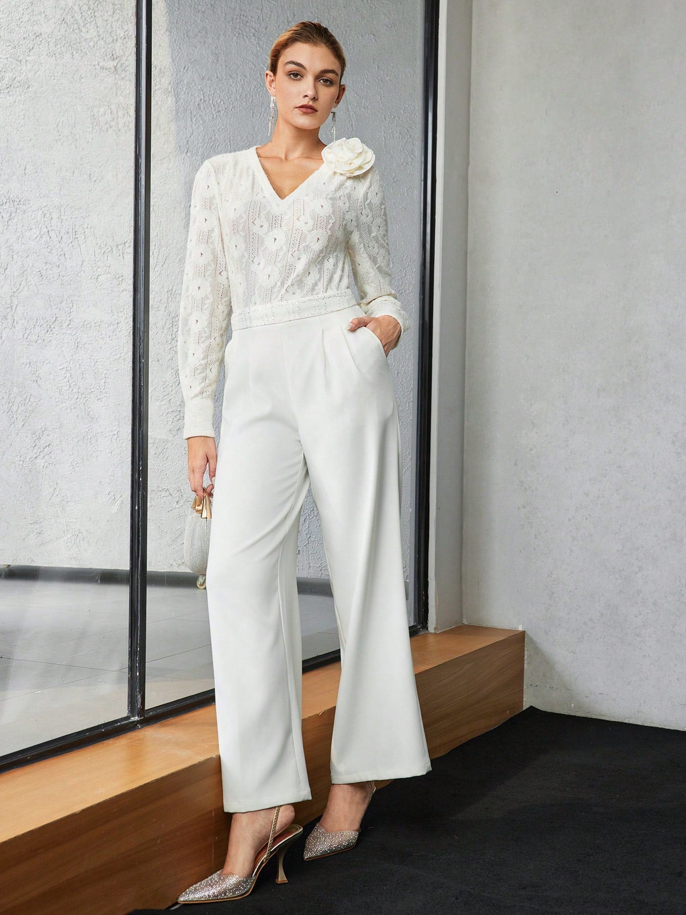 CM-TS753549 Women Elegant Seoul Style V-Neck Stereo Floral Detail Textured Long Sleeve Blouse - Apricot