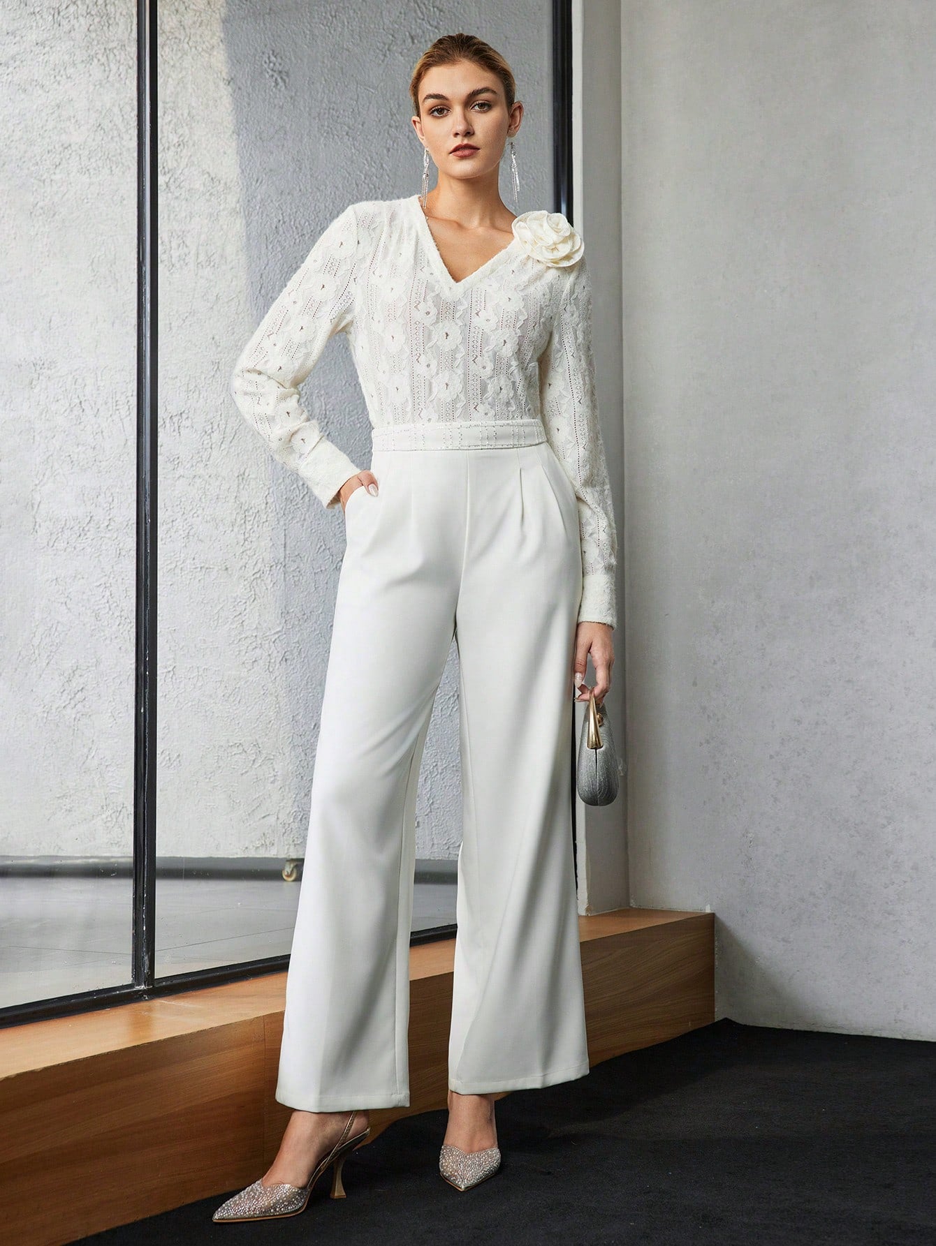CM-TS753549 Women Elegant Seoul Style V-Neck Stereo Floral Detail Textured Long Sleeve Blouse - Apricot