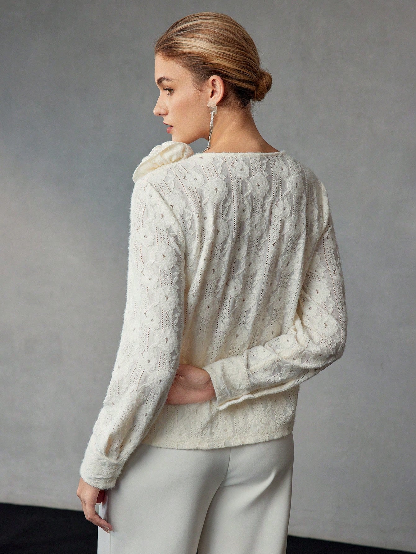 CM-TS753549 Women Elegant Seoul Style V-Neck Stereo Floral Detail Textured Long Sleeve Blouse - Apricot
