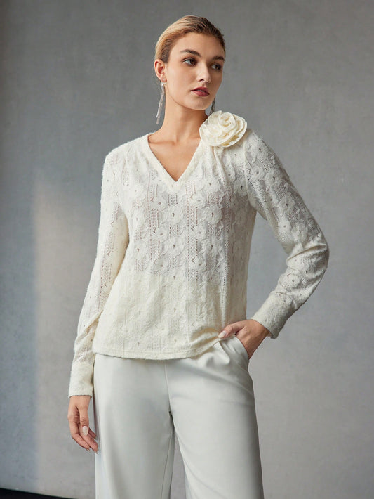 CM-TS753549 Women Elegant Seoul Style V-Neck Stereo Floral Detail Textured Long Sleeve Blouse - Apricot