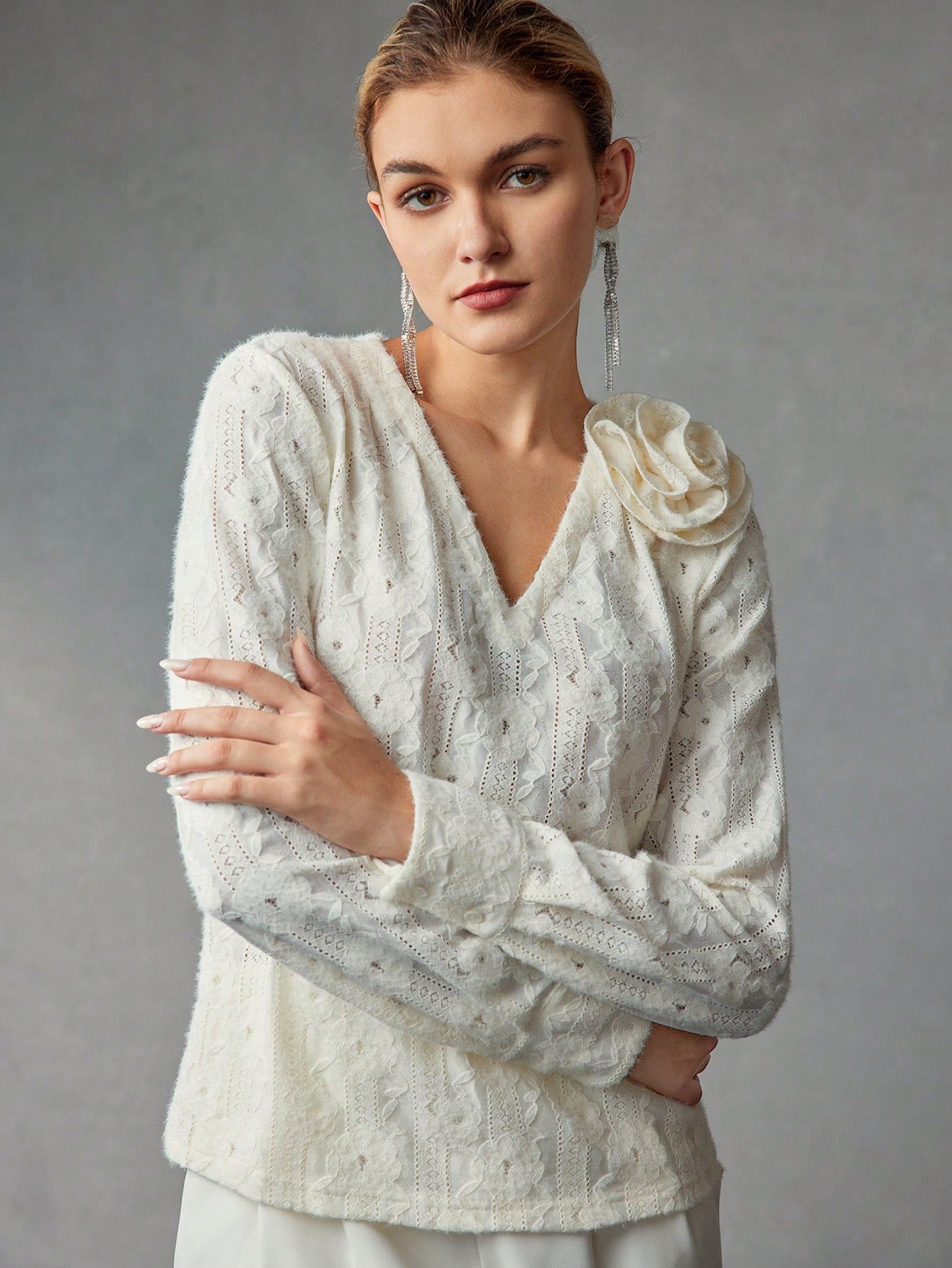 CM-TS753549 Women Elegant Seoul Style V-Neck Stereo Floral Detail Textured Long Sleeve Blouse - Apricot