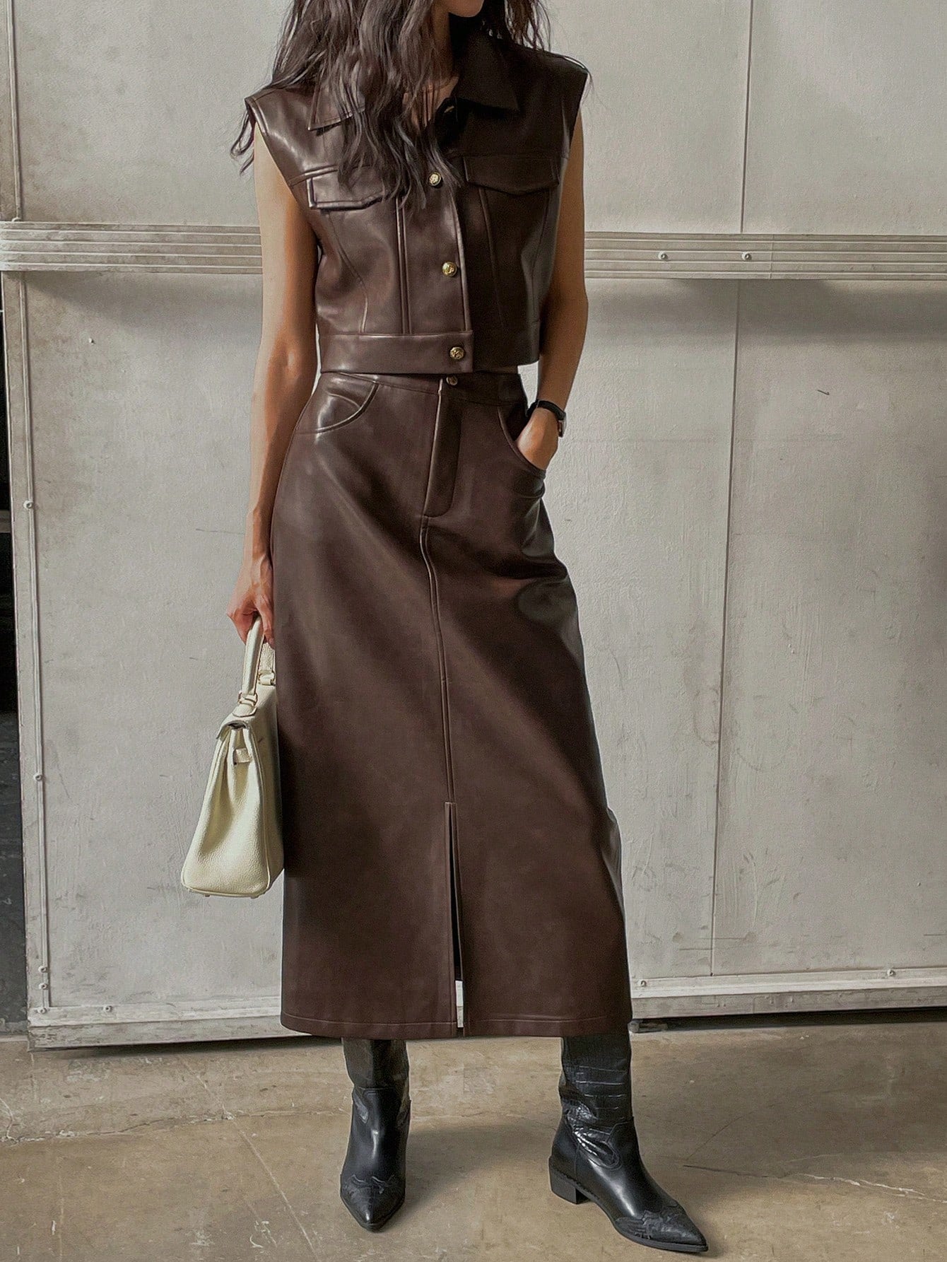 CM-SS490190 Women Elegant Seoul Style PU Leather Flap Detail Sleeveless Jacket With Split Hem Straight Skirt - Set