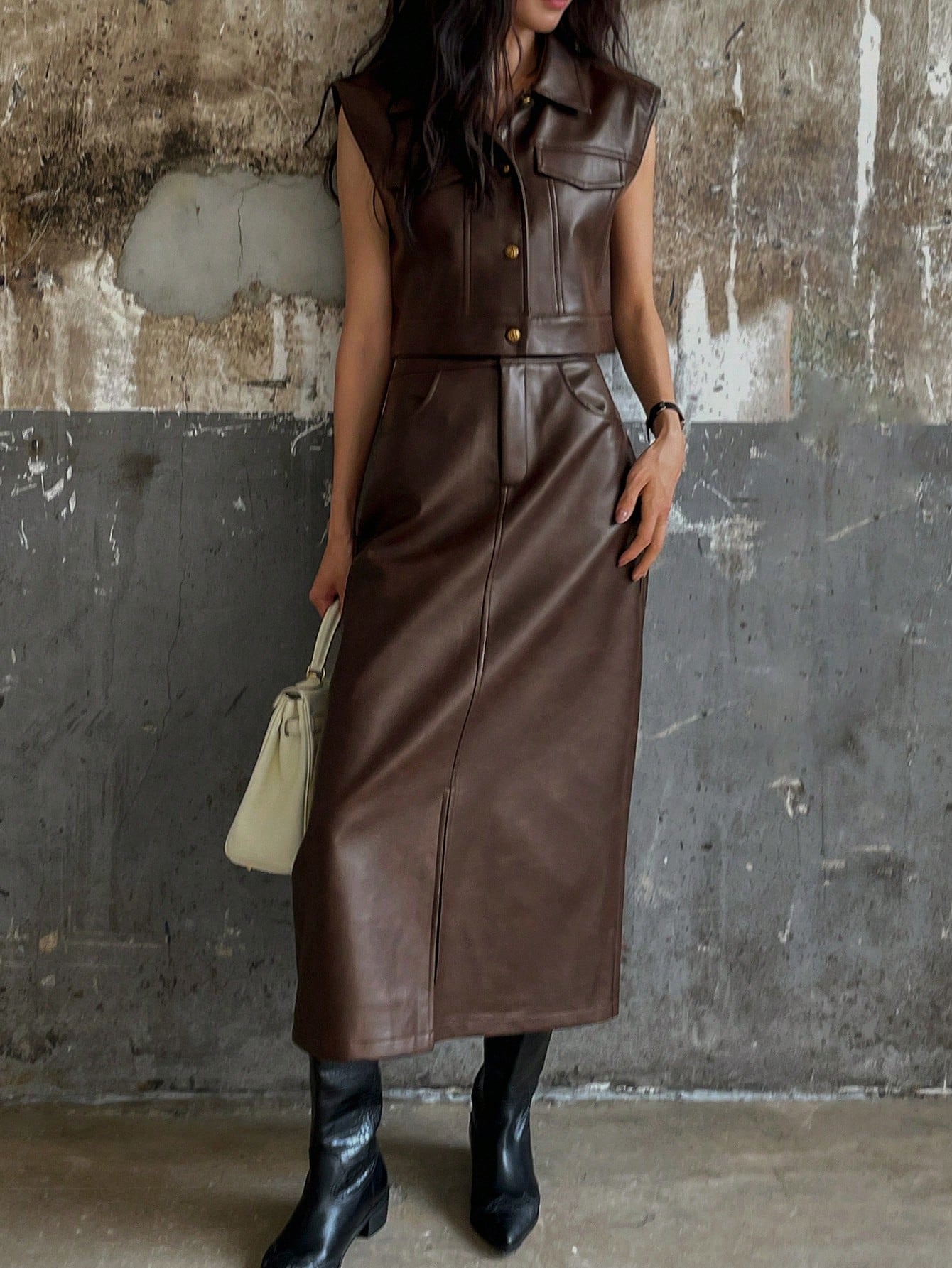 CM-SS490190 Women Elegant Seoul Style PU Leather Flap Detail Sleeveless Jacket With Split Hem Straight Skirt - Set