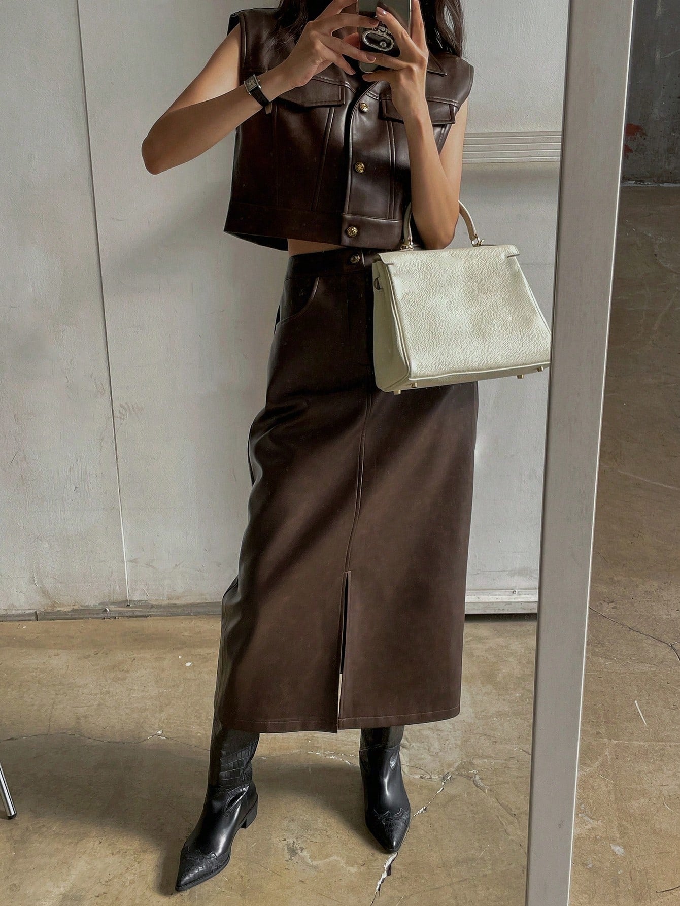 CM-SS490190 Women Elegant Seoul Style PU Leather Flap Detail Sleeveless Jacket With Split Hem Straight Skirt - Set