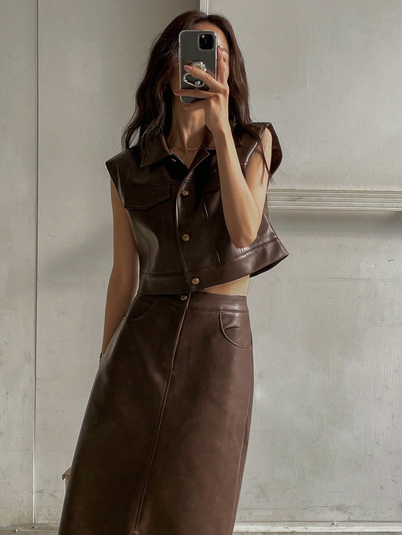 CM-SS490190 Women Elegant Seoul Style PU Leather Flap Detail Sleeveless Jacket With Split Hem Straight Skirt - Set