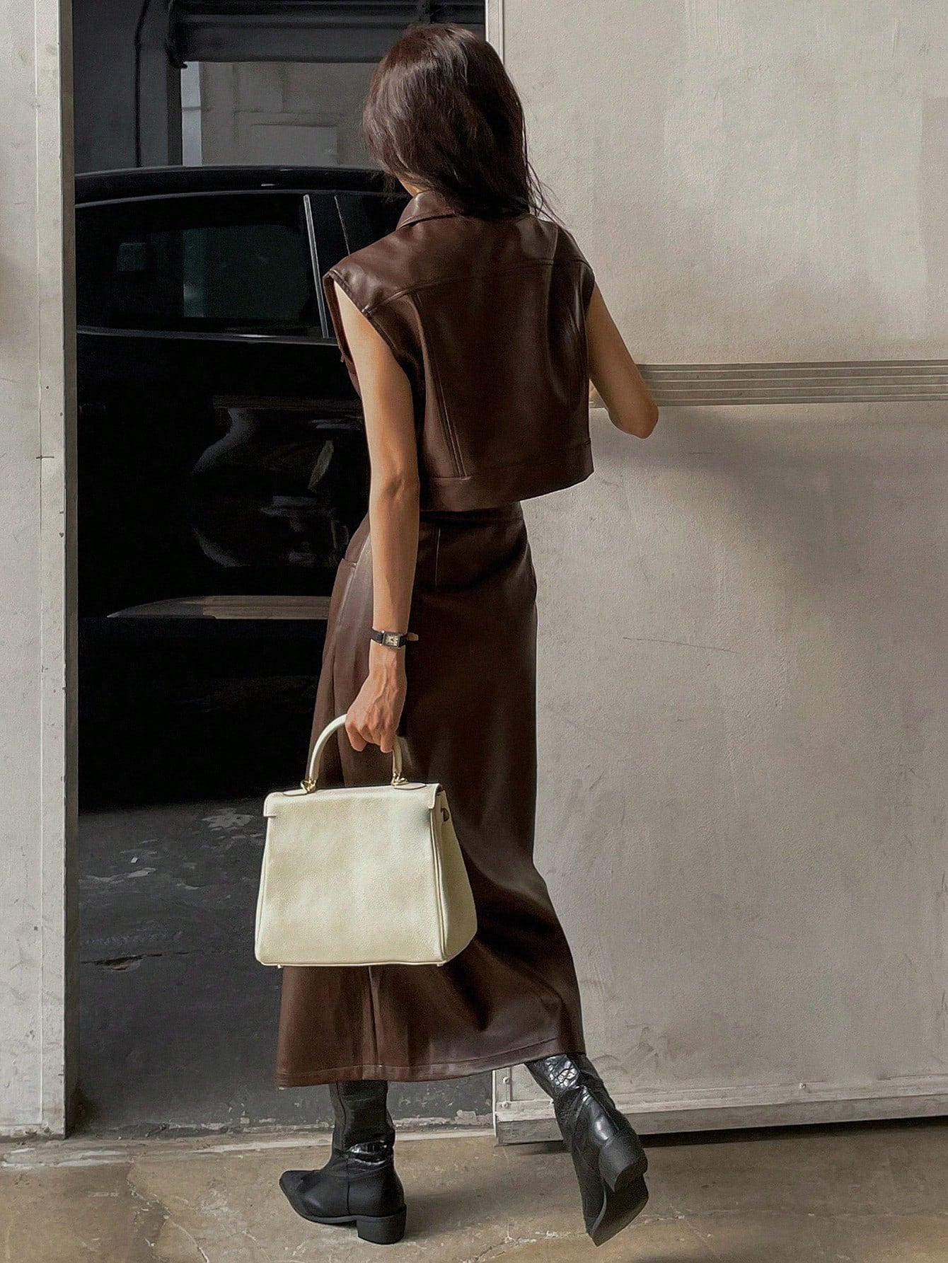 CM-SS490190 Women Elegant Seoul Style PU Leather Flap Detail Sleeveless Jacket With Split Hem Straight Skirt - Set