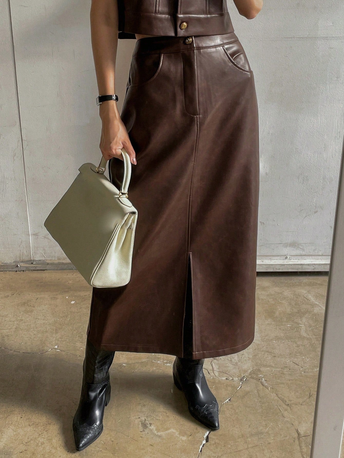 CM-SS490190 Women Elegant Seoul Style PU Leather Flap Detail Sleeveless Jacket With Split Hem Straight Skirt - Set