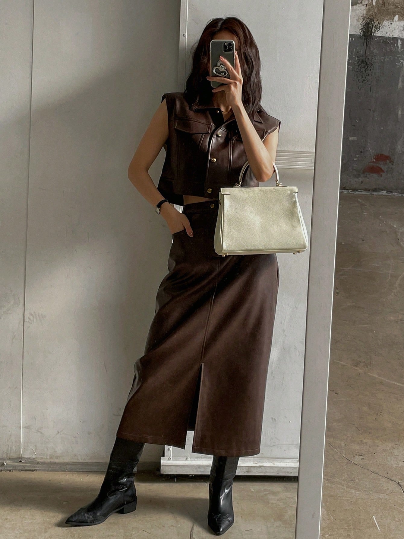 CM-SS490190 Women Elegant Seoul Style PU Leather Flap Detail Sleeveless Jacket With Split Hem Straight Skirt - Set