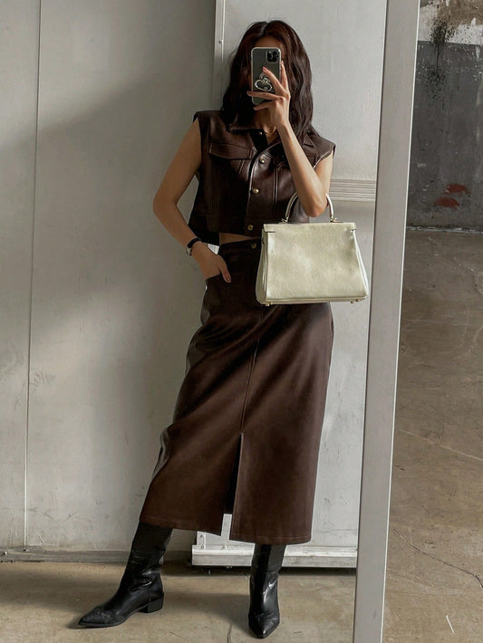 CM-SS490190 Women Elegant Seoul Style PU Leather Flap Detail Sleeveless Jacket With Split Hem Straight Skirt - Set