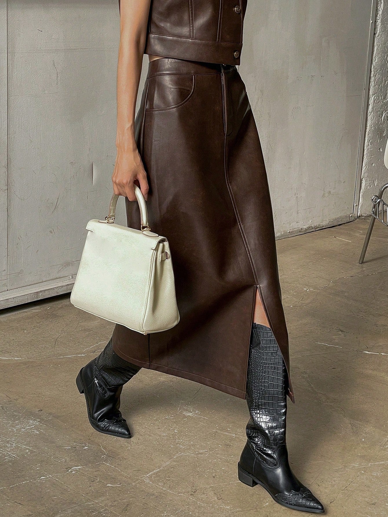 CM-SS490190 Women Elegant Seoul Style PU Leather Flap Detail Sleeveless Jacket With Split Hem Straight Skirt - Set