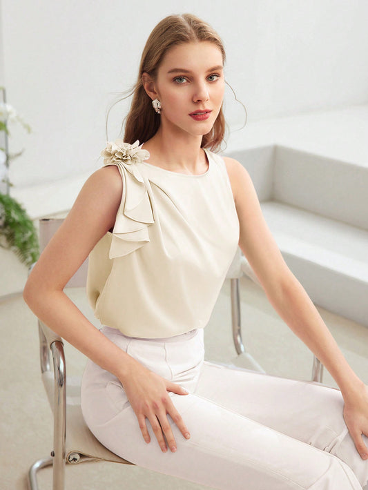 CM-TS912455 Women Elegant Seoul Style Stereo Floral Decor Round Neck Sleeveless Blouse - Apricot