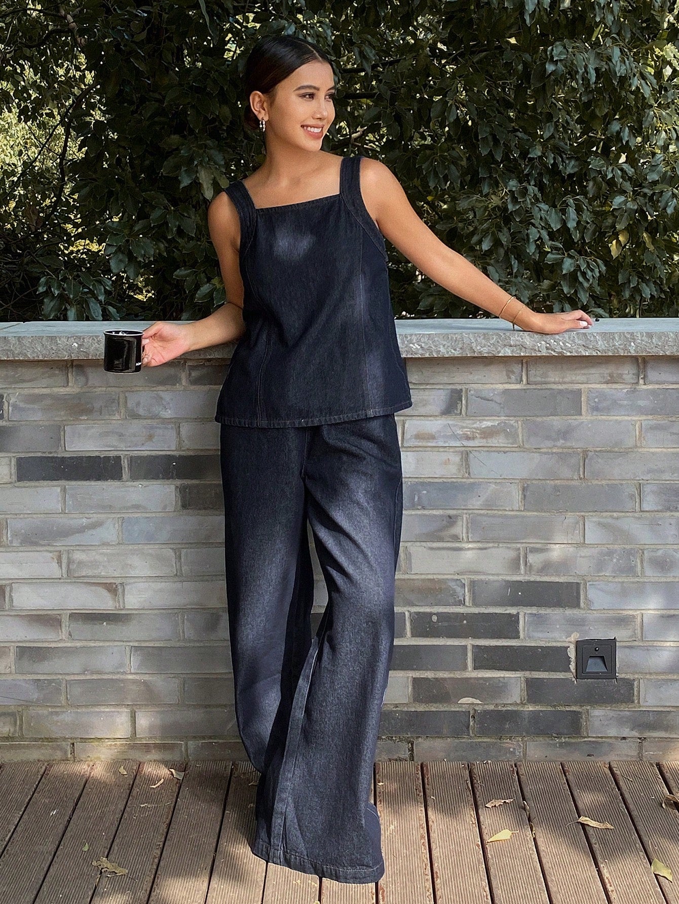 CM-SS767693 Women Casual Seoul Style Solid Color Tank Top With Wide Leg Loose Fit Denim Pants - Set