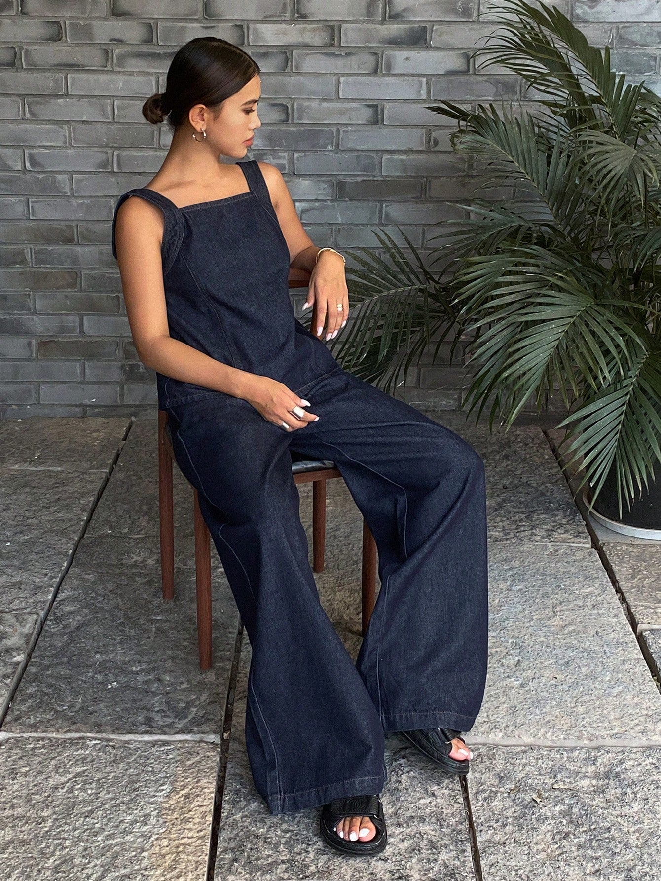 CM-SS767693 Women Casual Seoul Style Solid Color Tank Top With Wide Leg Loose Fit Denim Pants - Set