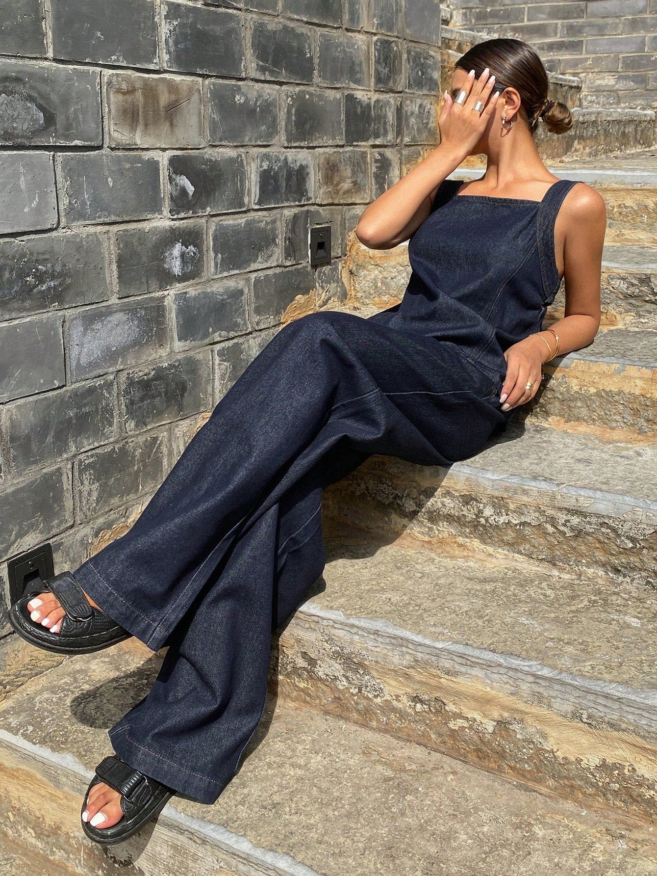 CM-SS767693 Women Casual Seoul Style Solid Color Tank Top With Wide Leg Loose Fit Denim Pants - Set