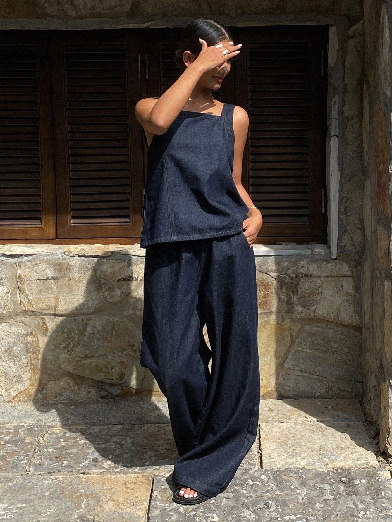 CM-SS767693 Women Casual Seoul Style Solid Color Tank Top With Wide Leg Loose Fit Denim Pants - Set