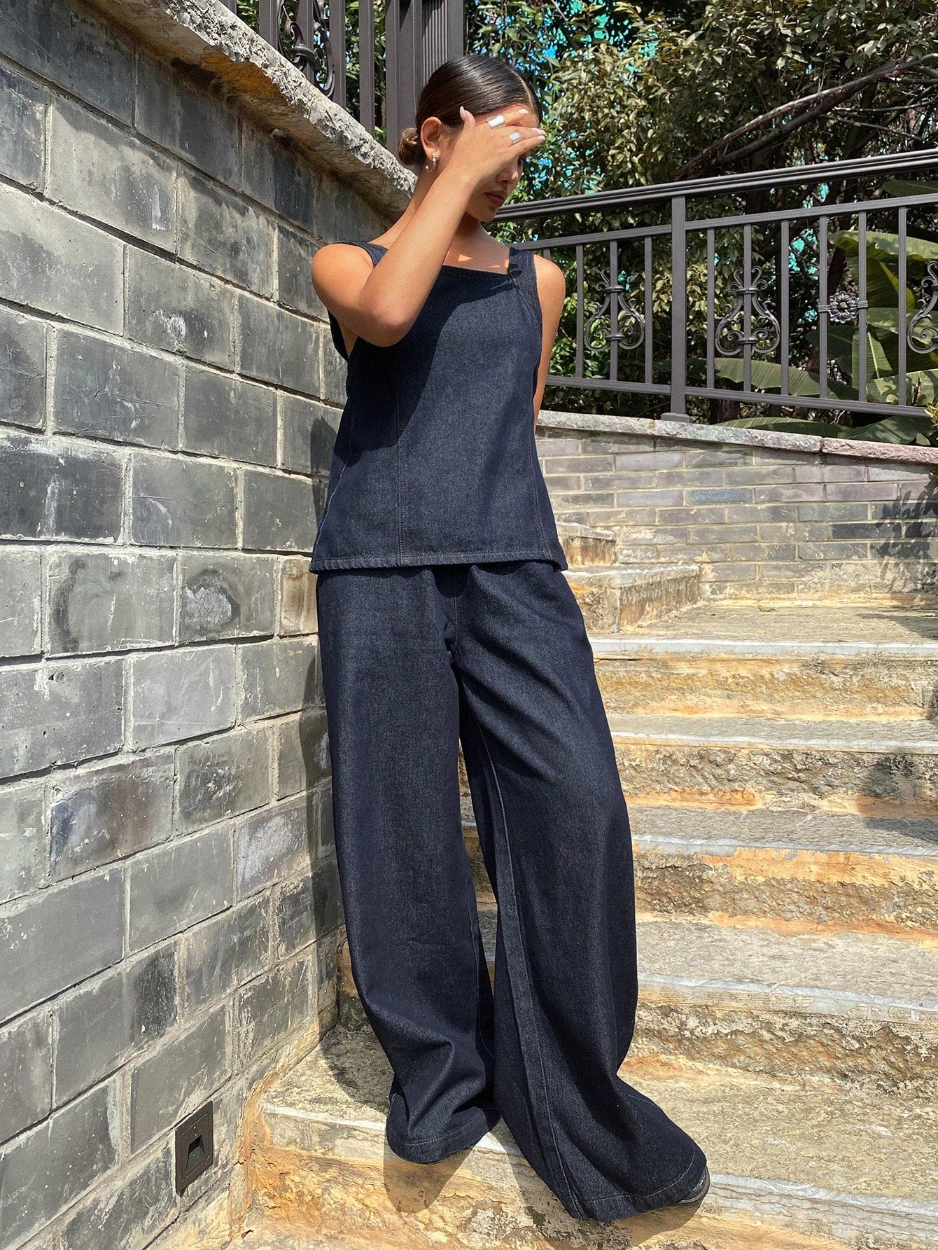 CM-SS767693 Women Casual Seoul Style Solid Color Tank Top With Wide Leg Loose Fit Denim Pants - Set