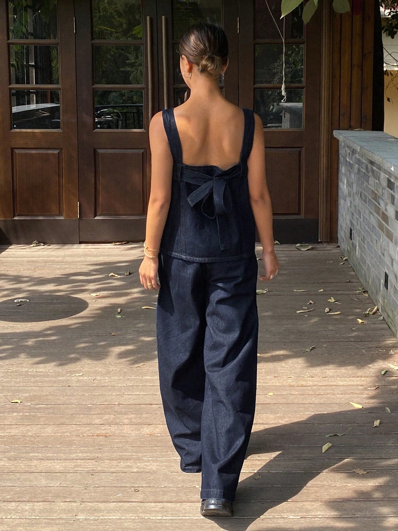 CM-SS767693 Women Casual Seoul Style Solid Color Tank Top With Wide Leg Loose Fit Denim Pants - Set