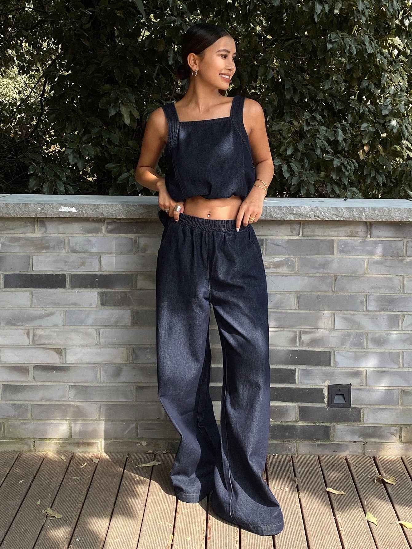 CM-SS767693 Women Casual Seoul Style Solid Color Tank Top With Wide Leg Loose Fit Denim Pants - Set