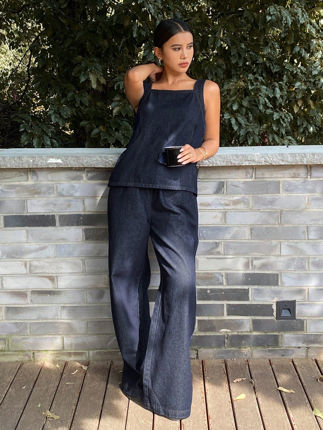 CM-SS767693 Women Casual Seoul Style Solid Color Tank Top With Wide Leg Loose Fit Denim Pants - Set