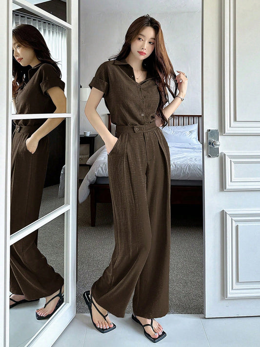 CM-SS588287 Women Casual Seoul Style Solid Color Collar Neckline Batwing Sleeve Blouse With Wide Leg Pants - Set