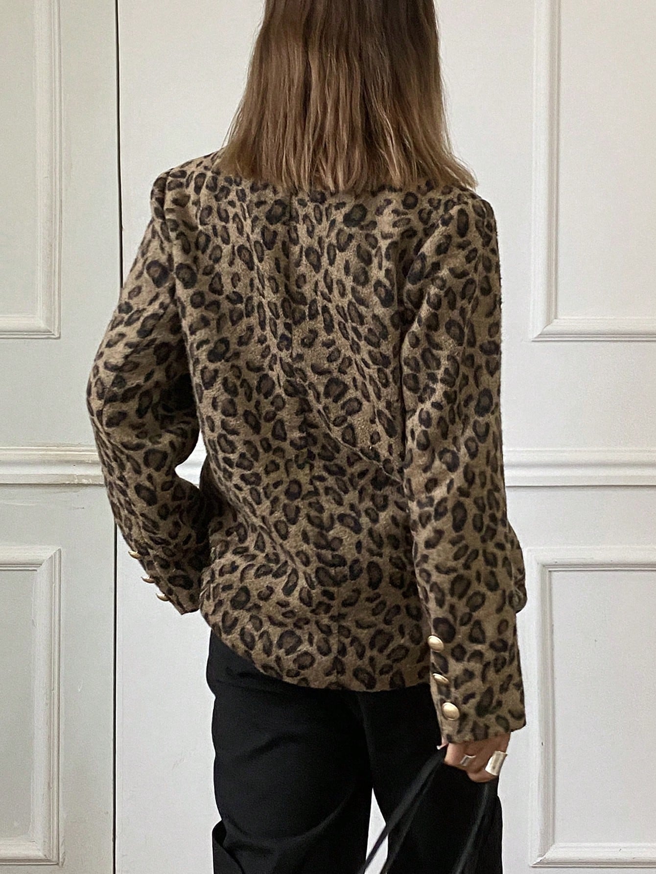 CM-CS832336 Women Casual Seoul Style Leopard Print Button Front Lapel Neckline Long Sleeve Blazer
