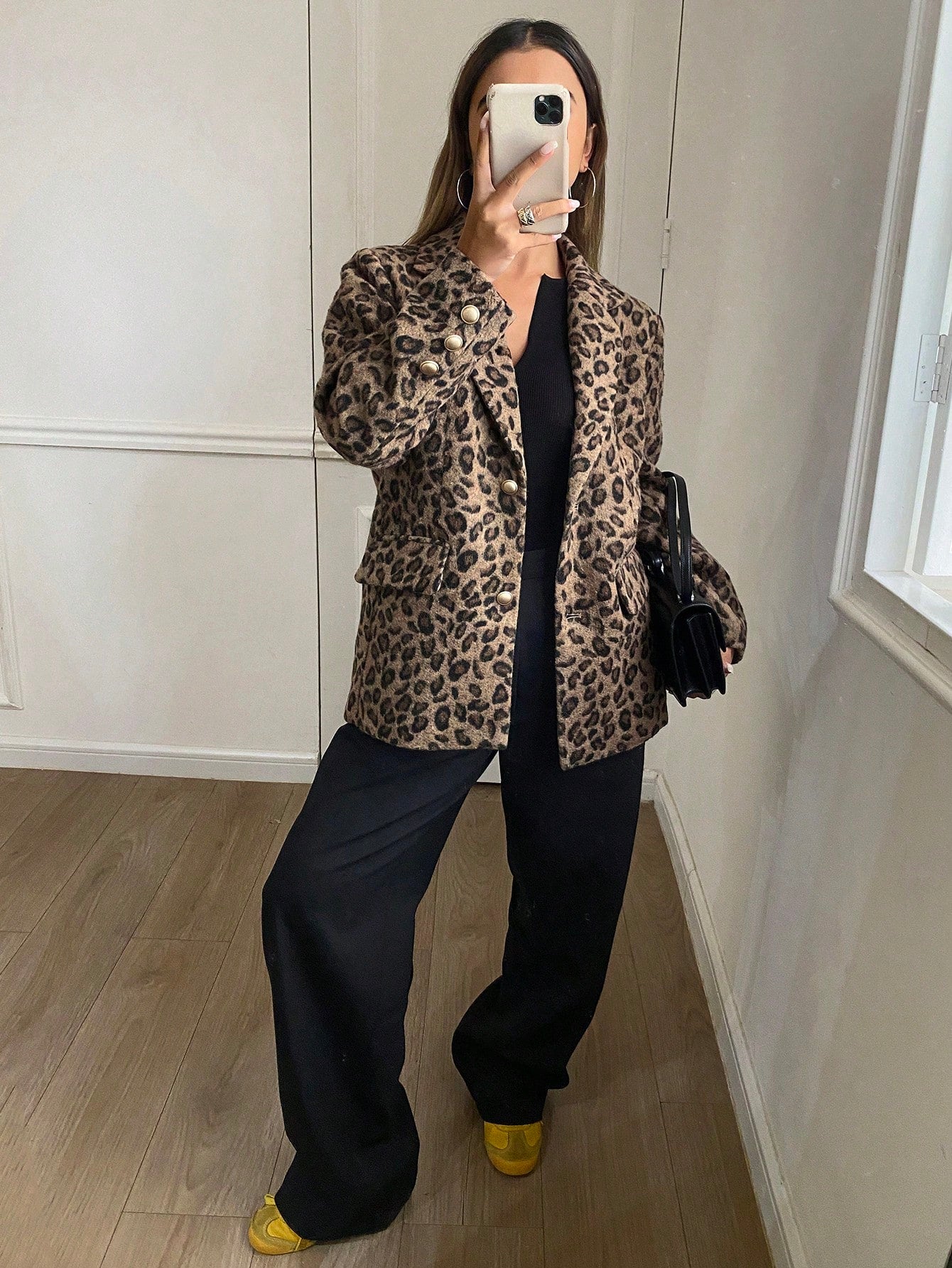 CM-CS832336 Women Casual Seoul Style Leopard Print Button Front Lapel Neckline Long Sleeve Blazer