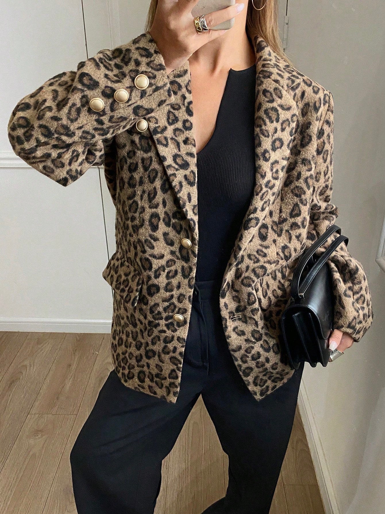 CM-CS832336 Women Casual Seoul Style Leopard Print Button Front Lapel Neckline Long Sleeve Blazer