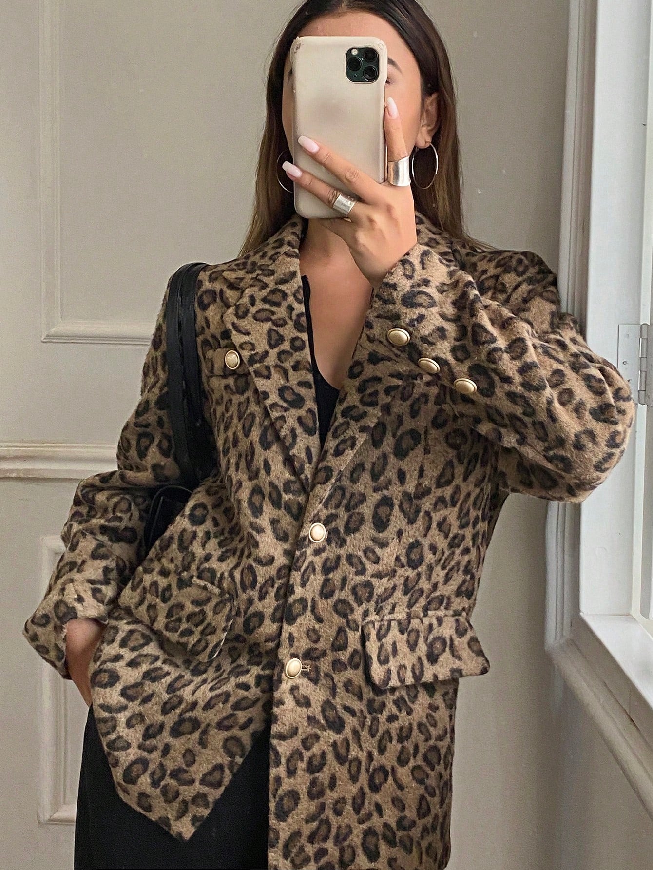 CM-CS832336 Women Casual Seoul Style Leopard Print Button Front Lapel Neckline Long Sleeve Blazer