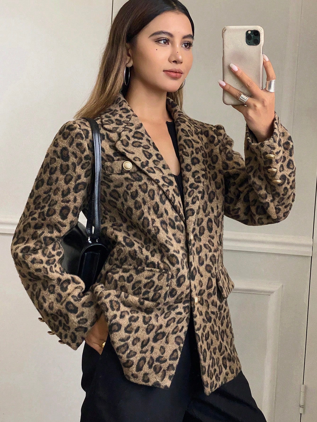 CM-CS832336 Women Casual Seoul Style Leopard Print Button Front Lapel Neckline Long Sleeve Blazer