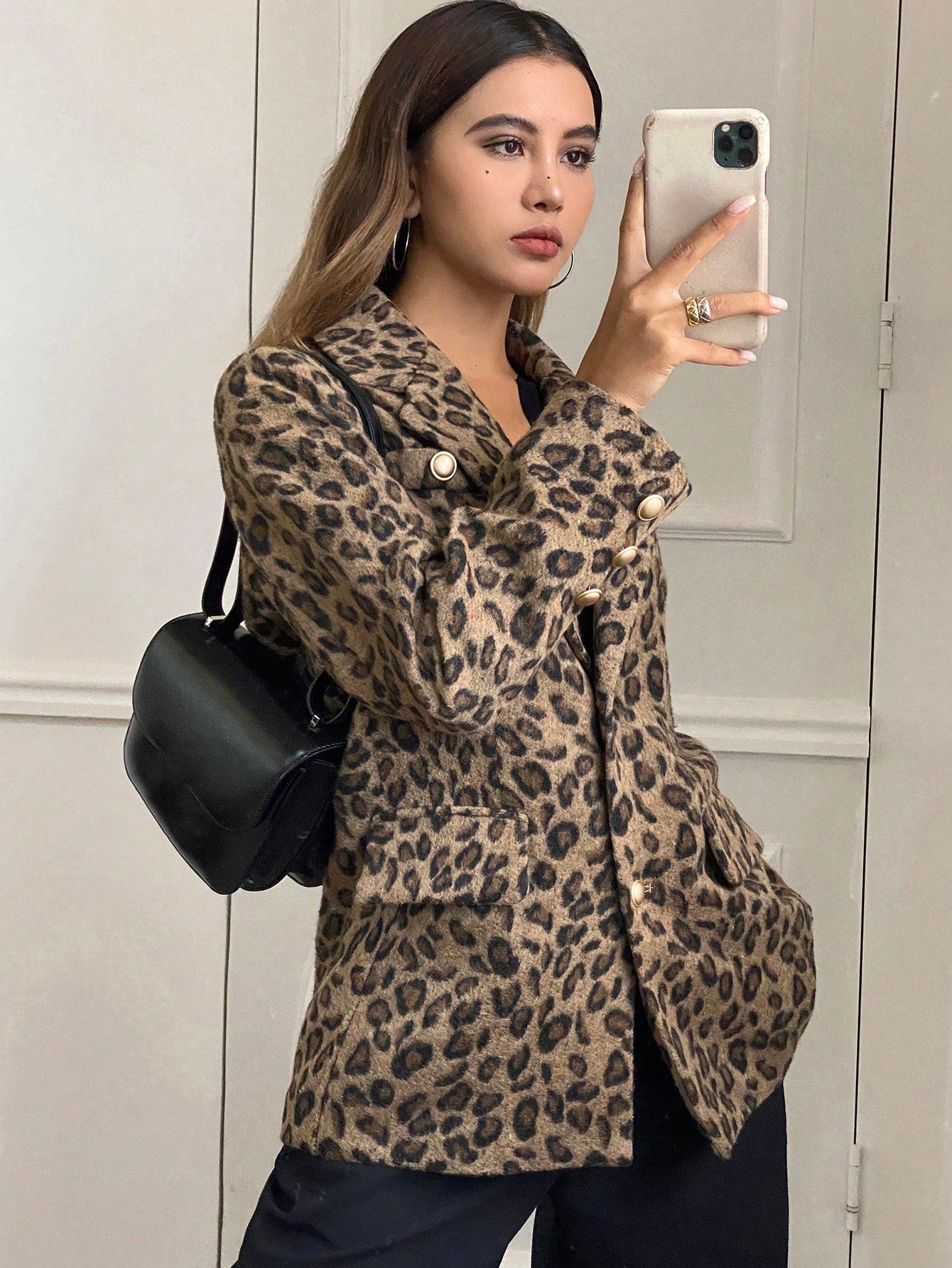 CM-CS832336 Women Casual Seoul Style Leopard Print Button Front Lapel Neckline Long Sleeve Blazer