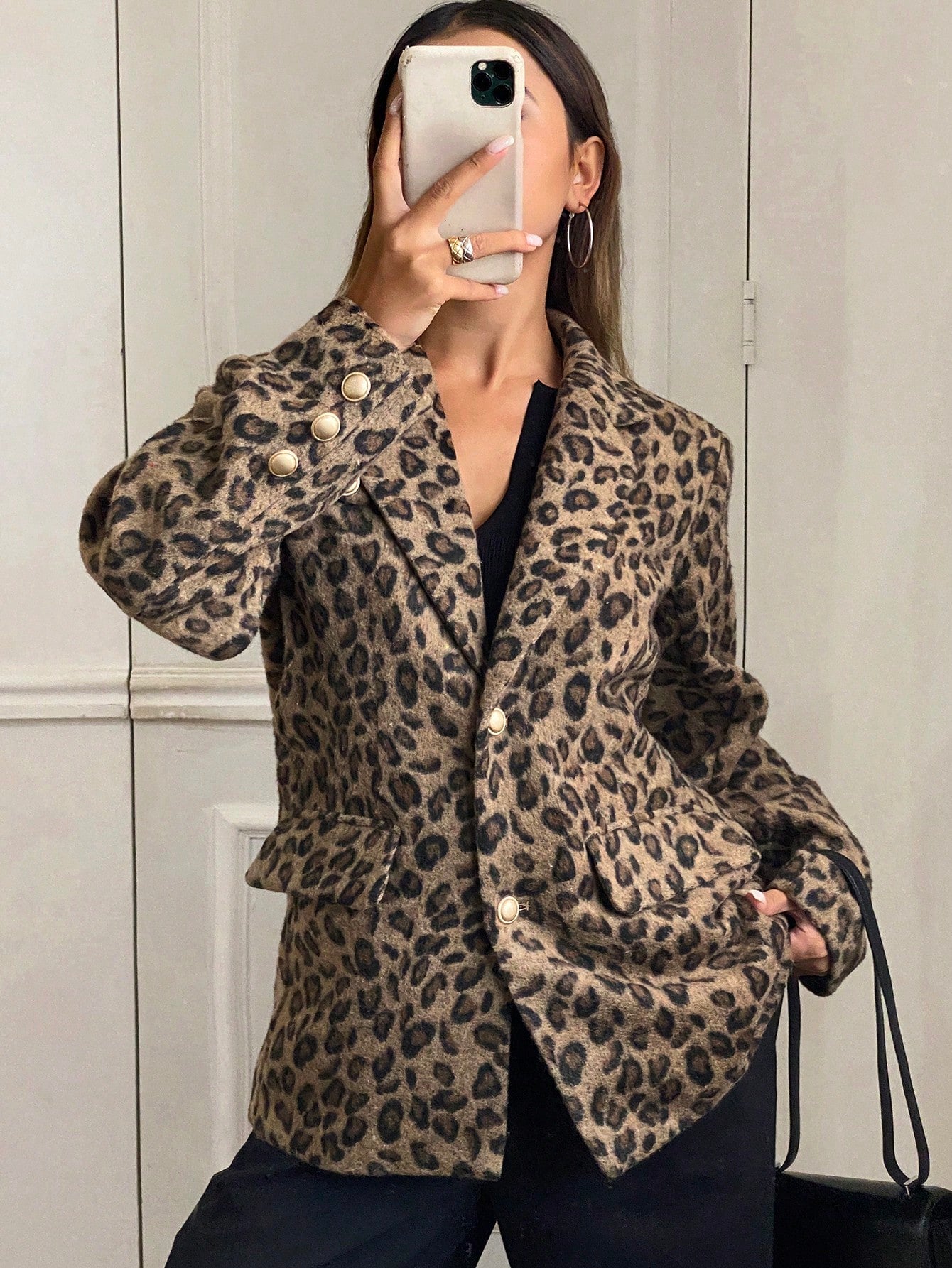 CM-CS832336 Women Casual Seoul Style Leopard Print Button Front Lapel Neckline Long Sleeve Blazer