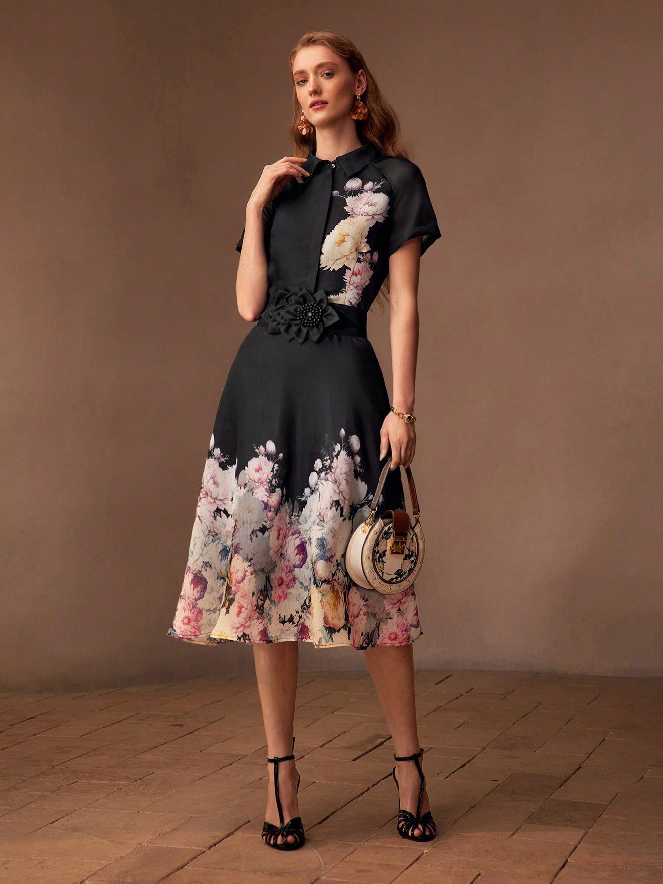 CM-DS996743 Women Elegant Seoul Style Notched Neckline Short Sleeve Organza Floral Print Midi Dress - Black