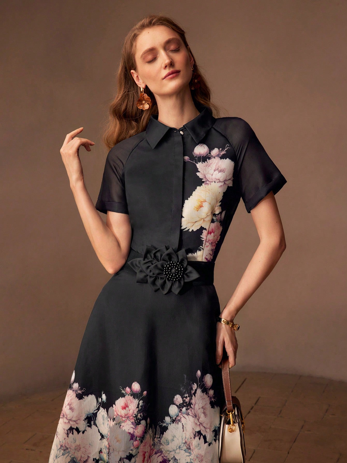 CM-DS996743 Women Elegant Seoul Style Notched Neckline Short Sleeve Organza Floral Print Midi Dress - Black
