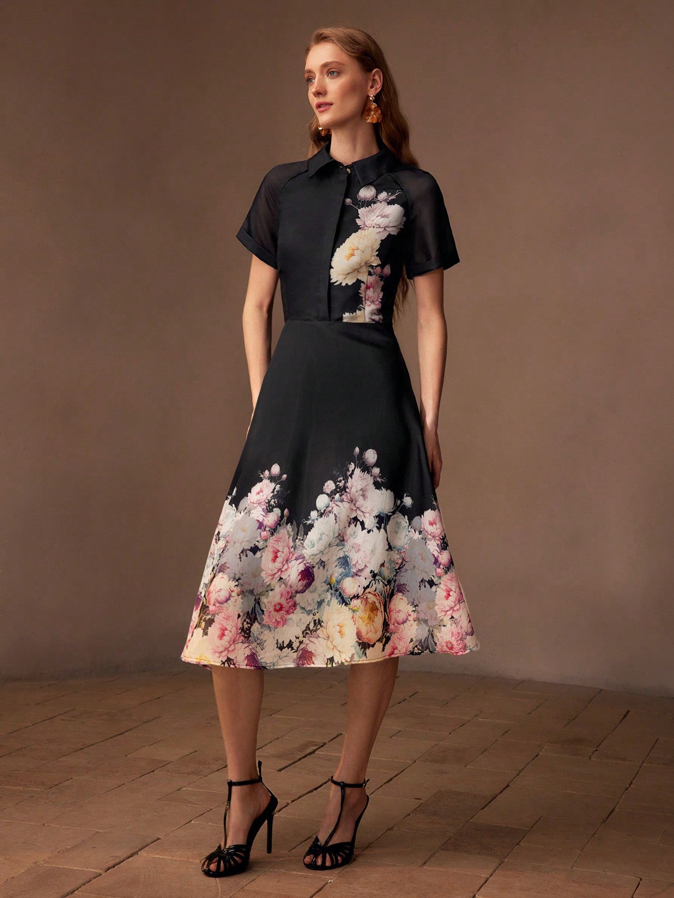 CM-DS996743 Women Elegant Seoul Style Notched Neckline Short Sleeve Organza Floral Print Midi Dress - Black