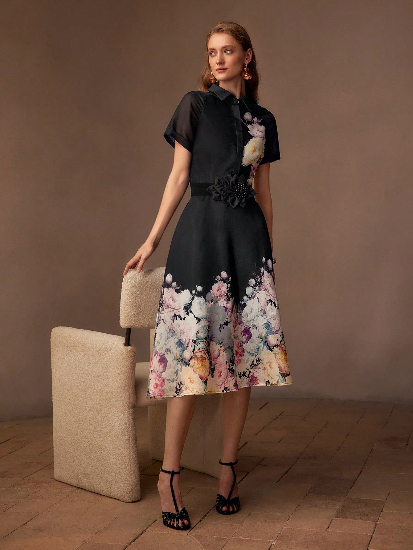 CM-DS996743 Women Elegant Seoul Style Notched Neckline Short Sleeve Organza Floral Print Midi Dress - Black
