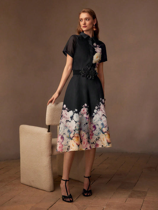 CM-DS996743 Women Elegant Seoul Style Notched Neckline Short Sleeve Organza Floral Print Midi Dress - Black