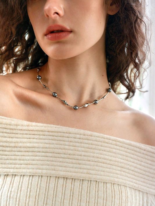 CM-AXS257266 Women Trendy Seoul Style Premium Faux Pearl Asymmetrical Metal Necklace