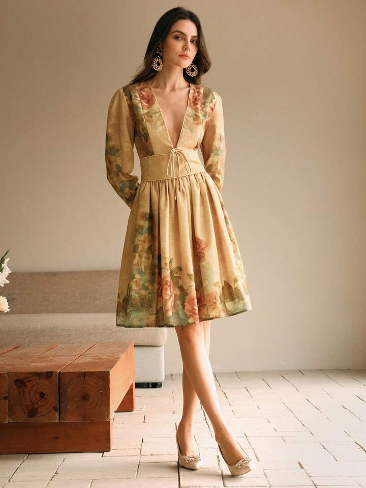 CM-DS176671 Women Elegant Seoul Style Deep V-Neck 3D Cut-Out Design Lace-Up Printed Mini Dress
