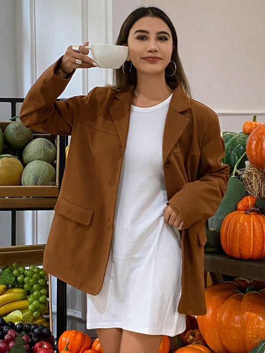CM-CS547133 Women Casual Seoul Style Lapel Neckline Long Sleeve Pocket Suit Jacket - Brown